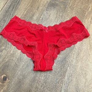 Victoria’s Secret very sexy Red Sparkle Satin Lace Trim cheeky panties VS Small